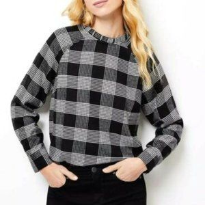 LOFT | Black White Plaid High Neck Ruffle Neck Blouse